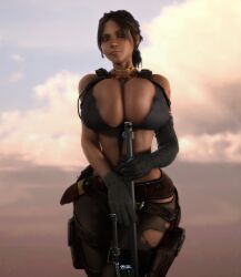 1girls 3d 3d_(artwork) alternate_breast_size areola_slip areolae areolae_slip belt breasts breasts_bigger_than_head brown_eyes brown_hair cleavage dark-skinned_female female female_only female_solo gigantic_breasts gloves gun hips holding_gun holding_object holding_weapon hourglass_figure huge_breasts looking_at_viewer metal_gear_solid metal_gear_solid_v necklace nipple_bulge nipples nipples_visible_through_clothing ponytail quiet_(metal_gear)_(cosplay) resident_evil resident_evil_5 ripped_clothes ripped_clothing sheva_alomar skimpy skimpy_clothes slim_waist sniper_rifle solo solo_female tactical_gear thick_thighs thighs top_heavy top_heavy_breasts torn_clothes torn_clothing upper_body vaako weapon wide_hips