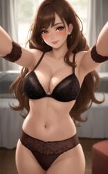 ai_generated ai_generated_background anylora_(ai_style) bed black_bra blushing brown_eyes brown_hair brown_panties female lingerie lipstick long_hair looking_at_viewer original panties pov_eye_contact selfie smiling window