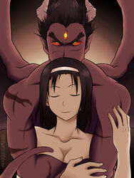 1boy 3_eyes black_hair breasts cleavage closed_eyes demon_horns devil devil_(tekken) devil_kazuya eyebrows female hairband happy highres horns hug jun_kazama kajiko_kylance kazama_jun kazuya_mishima kylance medium_breasts multi_eye nude pointy_ears purple_skin red_sclera scars smile tail tekken tekken_tag_tournament tekken_tag_tournament_2 thick_eyebrows wings yellow_eyes