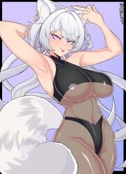 1girls animal_ears armpit bare_shoulders belly_button belly_button_visible_through_clothing bodysuit breasts female female_only grey_hair huge_breasts indie_virtual_youtuber light-skinned_female light_skin middle_finger ophimon pink_eyes raccoon_ears raccoon_girl raccoon_tail solo tail virtual_youtuber yozora_aoi