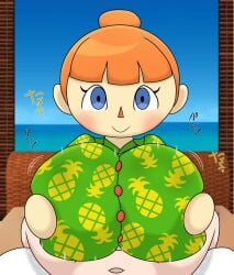 1boy 1boy1girl 1girls alolanfirestone alternate_breast_size animal_crossing animal_crossing_new_horizons beach bed bedroom big_breasts blue_eyes blush breasts engulfing_paizuri female gigantic_breasts happy happy_paizuri happy_sex hawaiian_shirt hi_res highres huge_breasts large_breasts looking_at_viewer male nintendo ocean only_player orange_hair paizuri paizuri_lead_by_female paizuri_on_lap paizuri_under_clothes ponytail pov pov_eye_contact pov_paizuri smile sound_effects straight villager_(animal_crossing)