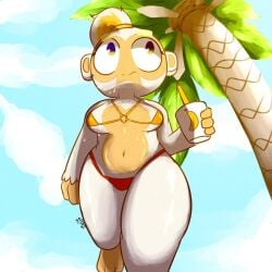 1girls adora_(bloons_tower_defense) anthro beep! beverage bikini bikini_bottom bikini_top bloons_tower_defense drink female holding_drink low-angle_view monkey monkey_girl navel palm_tree primate small_breasts smile solo sweat swimwear white_fur worm's-eye_view