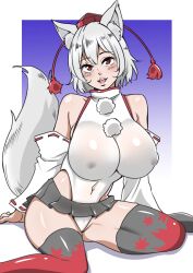 animal_ear_fluff animal_ears bare_shoulders black_skirt black_thighhighs breasts commentary_request covered_erect_nipples covered_navel detached_sleeves female gradient_background hat head_tilt highres huge_breasts inubashiri_momiji leaf_print leotard looking_at_viewer maple_leaf_print mature_female microskirt momiji_inubashiri open_mouth pom_pom_(clothes) red_eyes red_hat shiraue_yuu short_hair sitting skirt solo tail teeth thighhighs tokin_hat touhou upper_teeth_only wariza white_hair white_leotard wolf_ears wolf_tail