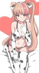 1girls 2d arms bare_shoulders belly belly_button bikini blush blush blush_lines breasts breasts breasts closed_mouth clothed clothing cow_ears cow_print digital_drawing_(artwork) facing_viewer female female_focus female_only fortnite front_view hair hands hands-free heart-shaped_pupils kneesocks legs legs_together lennox_rose_(fortnite) light_skin long_gloves long_hair navel open_eyes pink_eyes pink_hair revealing_clothes shoulders sitting smile stomach string_panties thehollowhusk twintails two_tone_hair