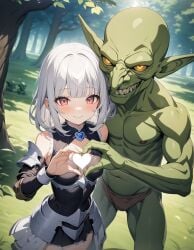 1boy 1girls ai_generated armored_dress blunt_bangs cowboy_shot evil_grin female forest glowing_eyes goblin grass happy heart_hands_duo heart_symbol humor looking_at_viewer medium_hair n_a0 outdoors small_breasts smile tagme white_hair
