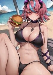 1girls ai_generated beach bikini blush breasts corela emikukis female food hamburger latam_virtual_youtuber multicolored_hair public short_hair sky_blue_hair swimsuit tagme thighs virtual_youtuber vtuber