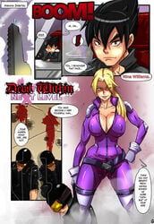 1boy big_breasts black_hair blonde_hair blue_eyes bodysuit breasts brown_eyes building cleavage closed_eyes comic dialogue female gloves hand_on_hip jin_kazama kamina1978 kazama_jin manga namco nina_williams ponytail sleeping smile speech_bubble spiked_hair tekken tekken_6 tied_hair