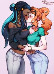 2023 2girls artist_name artist_signature blue_hair blue_nails closed_eyes clothed_female dark-skinned_female dark_blue_hair dark_skin denim duo duo_female fanart female female/female female_only fully_clothed fully_clothed_female game_freak green_nails gym_leader hand_holding hand_on_back hand_on_hip holding_hands hoop_ear_ring hoop_earring interracial jeans kissing lesbian_kiss light-skinned_female light_skin long_hair long_sleeves midriff minacream nessa_(pokemon) nintendo orange_hair pale-skinned_female pale_skin pink_background pokemon pokemon_ss ponytail romantic romantic_couple short_sleeves sonia_(pokemon) twitter_link two_tone_hair video_game video_game_character video_games yuri