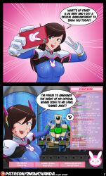 1girls asian asian_female before_inflation blue_bodysuit bodysuit brown_hair cellphone chat comic d.va dialogue english_text factory hose_inflation inflation korean korean_female light-skinned_female liquid_inflation long_hair medium_breasts overwatch overwatch_2 page_1 page_number patreon_username robot snowchanda_(artist) soda soda_inflation streamer streaming