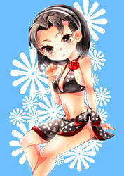 arms_at_sides bikini black_bikini black_hair breasts chibi cleavage female flower hairband high_resolution jun_kazama kazama_jun legs midriff namco navel nns146 polka_dot_bikini rose sarong short_hair sitting solo swimsuit tekken tekken_tag_tournament_2