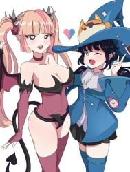 2d 2girls arms bare_shoulders black_hair blue_eyes blush blush_lines breasts choker clothed clothing costume covered_navel detached_sleeves digital_drawing_(artwork) female female_focus female_only fortnite fortnitemares fully_clothed hair halloween halloween_costume heart-shaped_pupils heart_symbol kneesocks legs legs_together lennox_rose_(fortnite) light_skin long_hair looking_at_viewer multiple_girls open_eyes open_mouth peace_sign petite pink_hair shoulders skirt standing succubus succubus_costume succubus_tail succubus_wings thehollowhusk thighs thin_waist twintails two_tone_hair waist witch_hat zoe_clash_(fortnite)