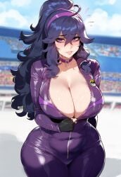 1girls ai_generated artstyle_imitation blush blushing bodysuit breasts cleavage curvy embarrassed female floox game_freak hex_maniac high_resolution hips huge_breasts light-skinned_female light_skin long_hair nintendo pokemon pokemon_xy purple_eyes purple_hair showing_off_breasts stable_diffusion thiccwithaq_(ai_style) thick thick_thighs thighs wide_hips