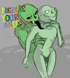 1boy 1girls bald black_eyes blood breasts calliope cheeseblade cherub dialogue gold_tooth green_skin grey_background homestuck imminent_rape incest long_tongue lord_english ms_paint_adventures naked nipples pussy scratches sharp_teeth straight text tongue_out white_eyes