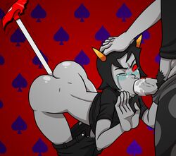 1boy 1girls ass black_hair blush cane clothing crying fellatio forced_oral gamzee_makara grey_skin homestuck horns ms_paint_adventures one_eye_closed oral pants_down penetration penis pubic_hair rape red_background red_eyes shamefuldisplay short_hair spade straight tears terezi_pyrope troll yellow_nails