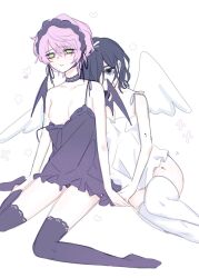 2girls alien_stage angel_wings body_writing breasts choker cross devil_wings mizi_(alien_stage) multiple_girls nipples one_breast_out one_nipple_out pink_hair stockings sua_(alien_stage) vivinos yuri