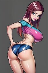 4kids_entertainment ai_generated ass booty_shorts crop_top from_behind huge_breasts nickelodeon rainbow_(animation_studio) roxy_(winx_club) smirk winx_club