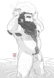 1boy absurdres bara beard belly dungeon_meshi dwarf excessive_armpit_hair facial_hair feet_out_of_frame flaccid from_side full_beard gay greyscale hairy highres long_beard male male_focus male_only male_pubic_hair mature_male monochrome muscular muscular_male navel navel_hair nipples nude pectorals penis plump profile pubic_hair senshi_(dungeon_meshi) showering soap_bubbles solo sparse_arm_hair sparse_ass_hair squeans standing stomach testicle_hair thick_beard thick_chest_hair thick_leg_hair thick_mustache thick_navel_hair thick_thighs thighs very_hairy very_long_beard wading wet yamiyami_art