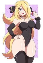 1girls abysswatchers armwear black_armwear black_clothing black_legwear black_leotard black_nail_polish black_nails black_thighhighs blonde_female blonde_hair blonde_hair_female collar curvy curvy_body curvy_female cynthia_(pokemon) fanart female female_only game_freak grey_eyes hair_over_one_eye hand_on_hip highleg_leotard hips holding_poke_ball hourglass_figure leotard light-skinned_female light_skin long_hair looking_at_viewer nail_polish navel_visible_through_clothes nintendo open_mouth poke_ball pokemon pokemon_champion pokemon_dppt solo solo_female strapless strapless_leotard thick_thighs twitter_link very_long_hair video_game video_game_character video_games wide_hips