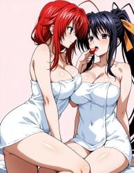 2girls ahoge ai_generated akeno_himejima antenna_hair bed big_ass black_hair blue_green_eyes blush breast_on_breasts couple crimson_hair curvy female_only hair_ribbon high_school_dxd large_breasts lesbian light_skin looking_at_each_other open_mouth orange_ribbon ponytail rias_gremory smile strawberry thick_thighs towel very_long_hair violet_eyes voluptuous yuri