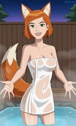 ai_generated ben_10 ben_10_ultimate_alien bigmic145 breasts cleavage female female_focus female_only fox_ears fox_girl fox_tail ginger ginger_hair gwen_tennyson gwen_tennyson_(alien_force) gwen_tennyson_(ultimate_alien) medium_breasts naked_towel orange_hair sauna see-through short_hair towel wet