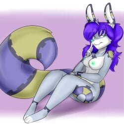 2014 breasts female female_only furry gear_(tj54) gray_fur green_eyes green_nipples green_nose grey_fur long_hair nipples original original_character purple_background purple_hair rabbit sirod tail white_background white_fur