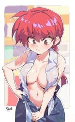 areolae_slip bare_arms bare_shoulders belly_button big_breasts blue_pants blush braid breasts collarbone convenient_censoring pants parted_lips r1zen ranma-chan ranma_1/2 red_eyes red_hair topless towel towel_around_neck undressing wet_body wet_clothes wet_hair