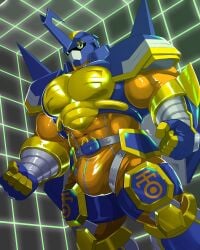 2025 4:5 abs anthro armor arthropod bandai_namco beetle beetlemon biceps big_biceps big_bulge big_muscles blue_body bulge clothing colored digimon digimon_(species) digital_drawing_(artwork) digital_media_(artwork) fist gauntlets genitals gloves green_eyes handwear headgear helmet hi_res horn horned_helmet insects male mammal muscular muscular_anthro muscular_male muscular_thighs pecs penis reclamon solo spandex thick_thighs tight_clothing wireframe zipper