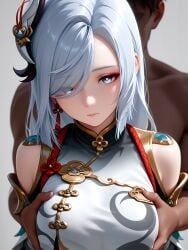 1boy 1girls ai_generated breasts dark-skinned_male dark_skin genshin_impact holding sexy shenhe_(genshin_impact)