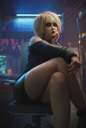 3d bare_legs beauty_mark black_lipstick cd_projekt_red cyberpunk_(series) cyberpunk_2077 fugtrup legs legs_crossed looking_at_viewer looking_down_at_viewer misty_olszewski pose posing short_skirt suggestive_pose sweater thighs wallpaper