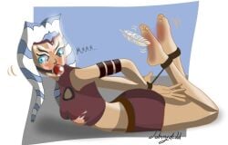 1girls ahsoka_tano ass ball_gag bondage bound breasts breasts clone_wars feet female gag gagged hogtie orange_skin rope star_wars