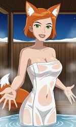 ai_generated ben_10 ben_10_ultimate_alien bigmic145 breasts cleavage female female_focus female_only fox_ears fox_girl fox_tail ginger ginger_hair gwen_tennyson gwen_tennyson_(alien_force) gwen_tennyson_(ultimate_alien) medium_breasts naked_towel orange_hair sauna see-through short_hair towel wet