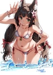 1girls absurdres alternate_costume animal_ear_fluff animal_ears arm_strap azur_lane bikini breasts brown_hair cameltoe cleft_of_venus flower fox_ears fox_girl front-tie_bikini_top front-tie_top gluteal_fold hair_flower hair_ornament hand_on_own_hip hand_up highres light-skinned_female light_skin long_hair looking_at_viewer low_twintails nagato_(azur_lane) pussy sakura_empire_(azur_lane) side-tie_bikini_bottom small_breasts smile swimsuit thigh_gap twintails umyonge_(lkakeu) white_background yellow_eyes