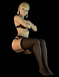 3d 3d_model ai_generated black_background black_bra black_panties black_thighhighs crossed_arms female garter_belt haley haley_(midnight_club_2) looking_at_viewer medium_hair midnight_club midnight_club_2 simple_background sitting yellow_hair