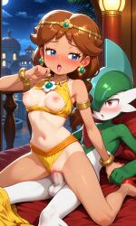 ai_generated blue_eyes brown_hair earings female_on_top gallade harem_outfit harem_pants head_jewelry high_heels lipstick mario_(series) mario_kart mario_kart_world nintendo oasis_girl oriental pokemon pokemon_(species) princess_daisy princess_daisy_(oasis) riding_penis super_mario_land tan_body tan_skin