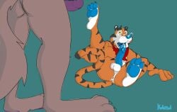 anthro anus autofellatio balls bodily_fluids canid canine cum duo erection felid frosted_flakes genital_fluids genitals hi_res humanoid_genitalia humanoid_penis kellogg's kolossal male mammal mascot masturbation oral oral_masturbation pantherine pawpads penile penile_masturbation penis surprise tiger tony_the_tiger