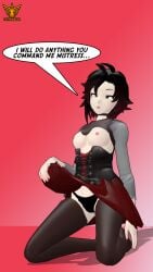 3d artist_logo artist_name black_panties black_thighhighs breasts_out english_text koikatsu_(medium) latinkaixa mind_control panties ruby_rose rwby skirt_lift speech_bubble thighhighs