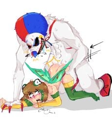 anal_sex backshots bent_over big_hair bigger_male bite_mark butterfly_wings claws clown clown_boy clown_makeup clown_nose crying drooling evil_grin fingerless_gloves floor_sex frog_girl glasses_removed gloves_only grabbing_ass jack-o_pose monster monster_on_female pinning_down red_eyes rough_sex scary scratches sex sharp_claws sharp_teeth slamming socks_only thighhighs