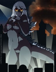 1girls big_breasts breasts building city desingahv destruction female godzilla godzilla_(series) looking_at_viewer monster night nipples nude pussy red_eyes rule_63 solo white_hair