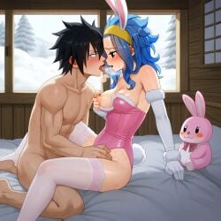 1boy 1girls ai_generated black_hair blue_hair bunnysuit couple fairy_tail gray_fullbuster levy_mcgarden