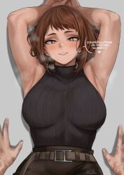 1boy 1girls armpits arms_up artist_name artist_signature belt big_breasts blushing_female breasts brown_eyes brown_hair canon_couple clothing dark_clothing dialogue heart izuku_midoriya kalennoir male_pov my_hero_academia ochako_uraraka pinned pinned_down post-timeskip scars short_hair smiling smiling_at_viewer steam sweating sweaty