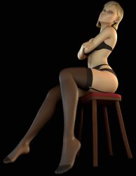 3d 3d_model ai_generated black_background black_bra black_panties black_thighhighs crossed_arms female garter_belt haley haley_(midnight_club_2) looking_at_viewer medium_hair midnight_club midnight_club_2 simple_background sitting yellow_hair