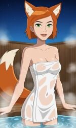 ai_generated ben_10 ben_10_ultimate_alien bigmic145 breasts cleavage female female_focus female_only fox_ears fox_girl fox_tail ginger ginger_hair gwen_tennyson gwen_tennyson_(alien_force) gwen_tennyson_(ultimate_alien) medium_breasts naked_towel orange_hair sauna see-through short_hair towel wet