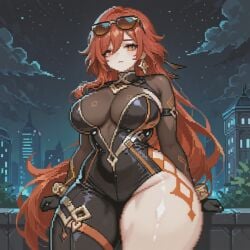 ai_generated background big_ass big_breasts bodysuit city city_background cityscape genshin_impact long_hair mavuika_(genshin_impact) natlan_girls orange_eyes pixel_art red_hair saiyunnart thick_ass thick_thighs