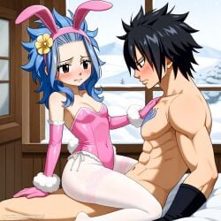 1boy 1girls ai_generated black_hair blue_hair bunnysuit couple fairy_tail gray_fullbuster levy_mcgarden