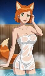 ai_generated ben_10 ben_10_ultimate_alien bigmic145 breasts cleavage female female_focus female_only fox_ears fox_girl fox_tail ginger ginger_hair gwen_tennyson gwen_tennyson_(alien_force) gwen_tennyson_(ultimate_alien) medium_breasts naked_towel orange_hair sauna see-through short_hair towel wet