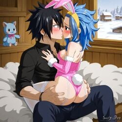 1boy 1girls ai_generated black_hair blue_hair bunnysuit couple fairy_tail gray_fullbuster levy_mcgarden