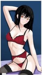 bed bedroom black_hair black_underwear bra chainsaw_man demon demon_girl garter_belt mitaka_asa panties red_eyes red_underwear ringed_eyes signature smiling tagme tim_heyderich twitter_username underwear yoru_(chainsaw_man)