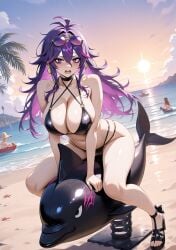 ash_(soul_hackers_2) beach breasts dark_purple_hair embarrassed female female_focus glasses glasses_on_head huge_breasts large_breasts long_hair looking_at_viewer multicolored_hair pale pale-skinned_female pink_hair purple_eyes riding soul_hackers_2