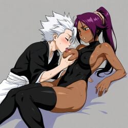 1boy 1girls ai_generated bleach couple older_female petite_male shihouin_yoruichi tan_skin toshiro_hitsugaya white_hair