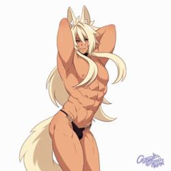 1boy abs animal_ears animated armpits bara beautiful_boy beautiful_hair big_bulge blonde_hair bulge crescentia crescentia_fortuna cute_boy cute_bulge dark-skinned_male golden_jackal jackal_boy jackal_ears jackal_tail kemonomimi long_hair looking_at_viewer male me!me!me! muscles muscular muscular_armpits muscular_arms muscular_booty muscular_forearms muscular_legs muscular_male muscular_thighs navel original_character pecs pretty_boy sethos_(deathblight) sexy_boy solo solo_male tail thick_thighs thong white_background